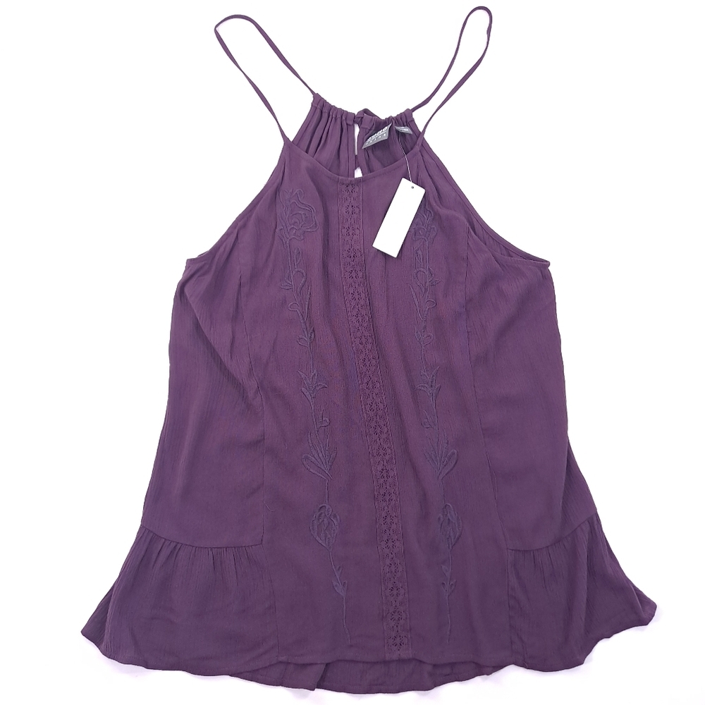 Soho New York & Co Jeans Purple Embroidered Floral Top Adjustable Strappy Sz XS